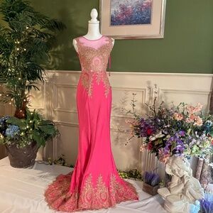 Fuchsia pink with gold embroidery mermaid dress